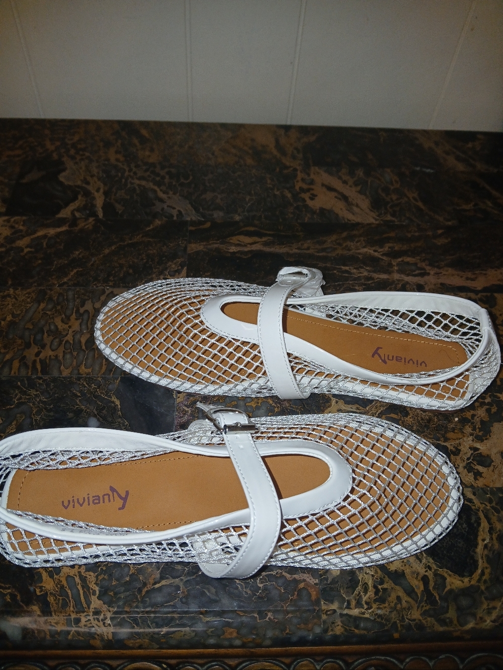 Vivianly White Mesh Mary Jane Flats with Buckle Strap